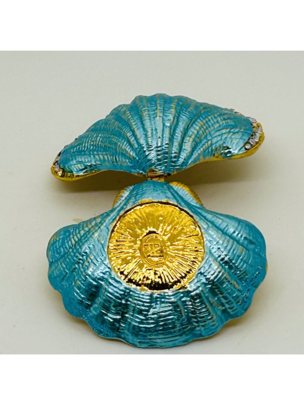 Turquoise Enamel Clamshell Trinket Box With Rhinestones Pearl-Inlaid Interior - Picture 11 of 12